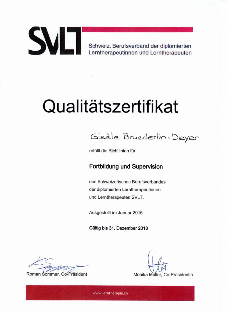 Qualitätszertifikat des SVLT mit Gültigkeit bis 2018